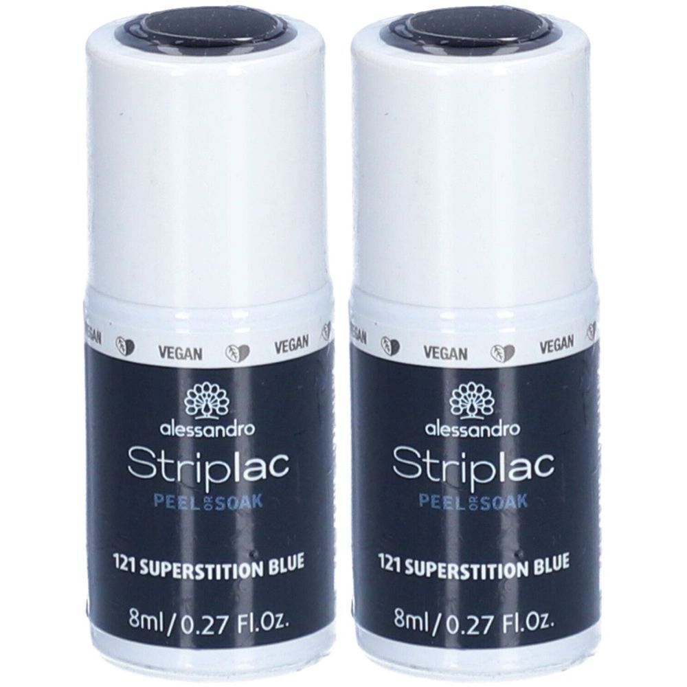 Zwei Flaschen alessandro Striplac Nagellack. Weißer Deckel, dunkelblauer Körper mit Schriftzug. Vegan-Siegel. Bezeichnung: 121 Superstition Blue.