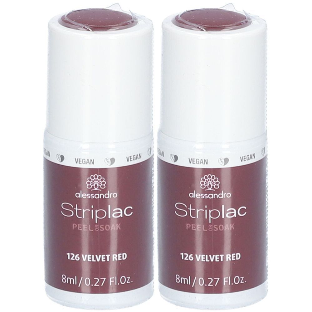 Zwei Flaschen Striplac Velvet Red. Weiße Flaschen mit rotem Inhalt. Aufschrift: alessandro, Striplac, 126 Velvet Red, 8ml/0.27 Fl.Oz.