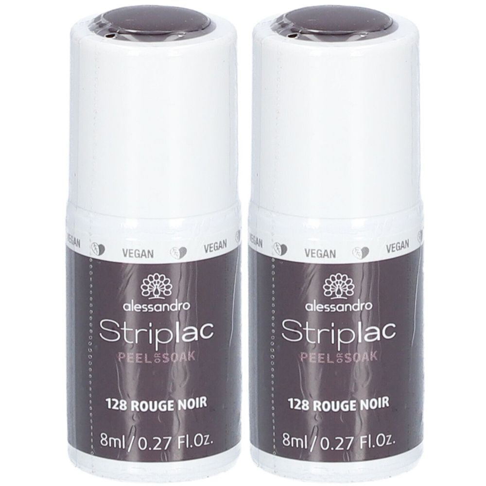 Zwei Flaschen alessandro Striplac Rouge Noir. Aufschrift: 128 Rouge Noir, 8ml/0.27 Fl.Oz. Mit Vegan-Siegel.