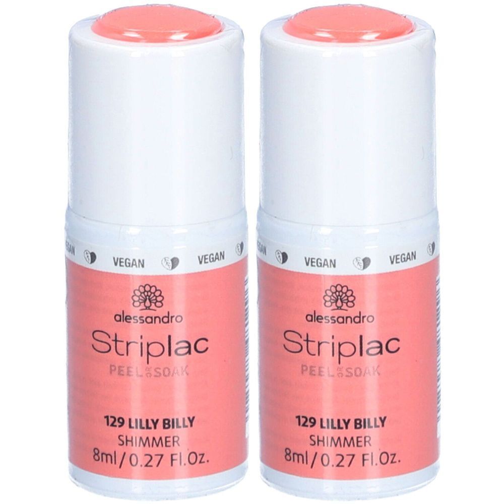 Zwei Flaschen alessandro Striplac Lilly Billy Nagellack. Rosa Flaschen mit weißem Deckel und rosafarbenem Applikator. Vegan.