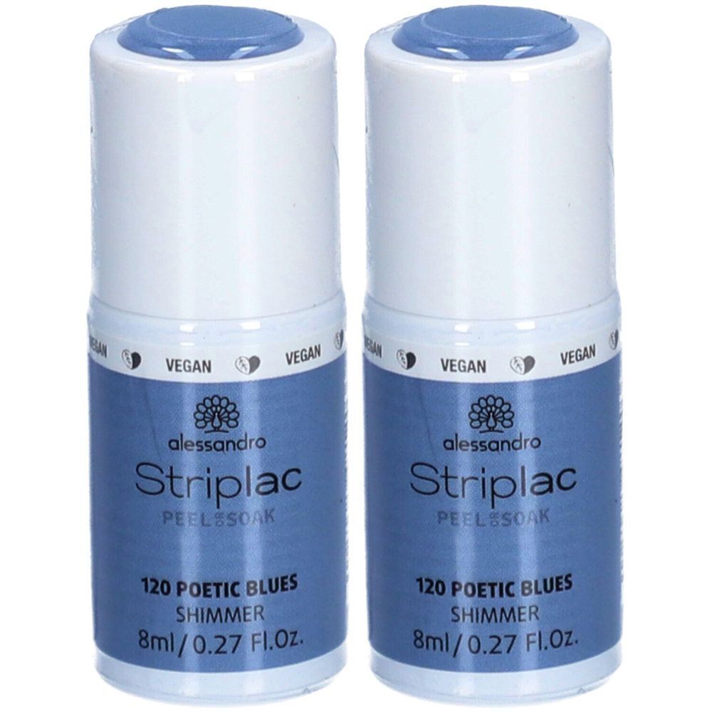 Twee flesjes alessandro Striplac Poetic Blues. Blauwe kleur, witte dop. Opschrift: Vegan, Striplac, 120 Poetic Blues Shimmer, 8ml/0.27 Fl.Oz.