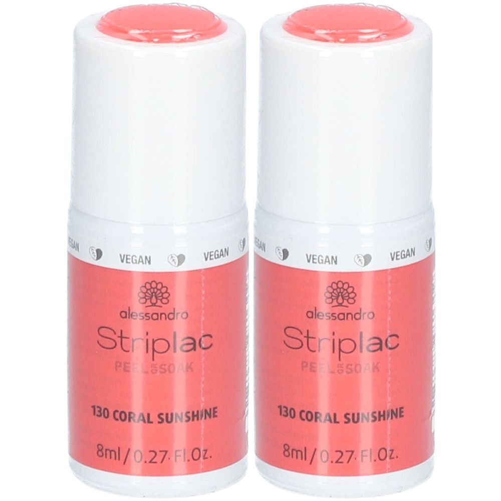 Zwei Flaschen Nagellack. Weißer Deckel, korallenfarbener Lack. Aufschrift: alessandro Striplac 130 Coral Sunshine, 8ml.