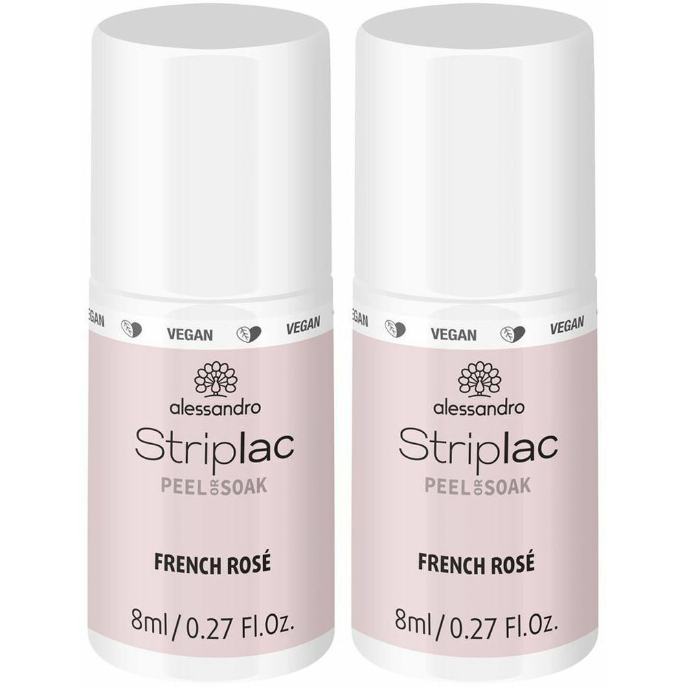 Zwei Flaschen alessandro Striplac French Rosé. Rosa Flaschen mit weißem Deckel. Aufschrift: VEGAN, Striplac, French Rosé, 8ml/0.27 Fl.Oz.