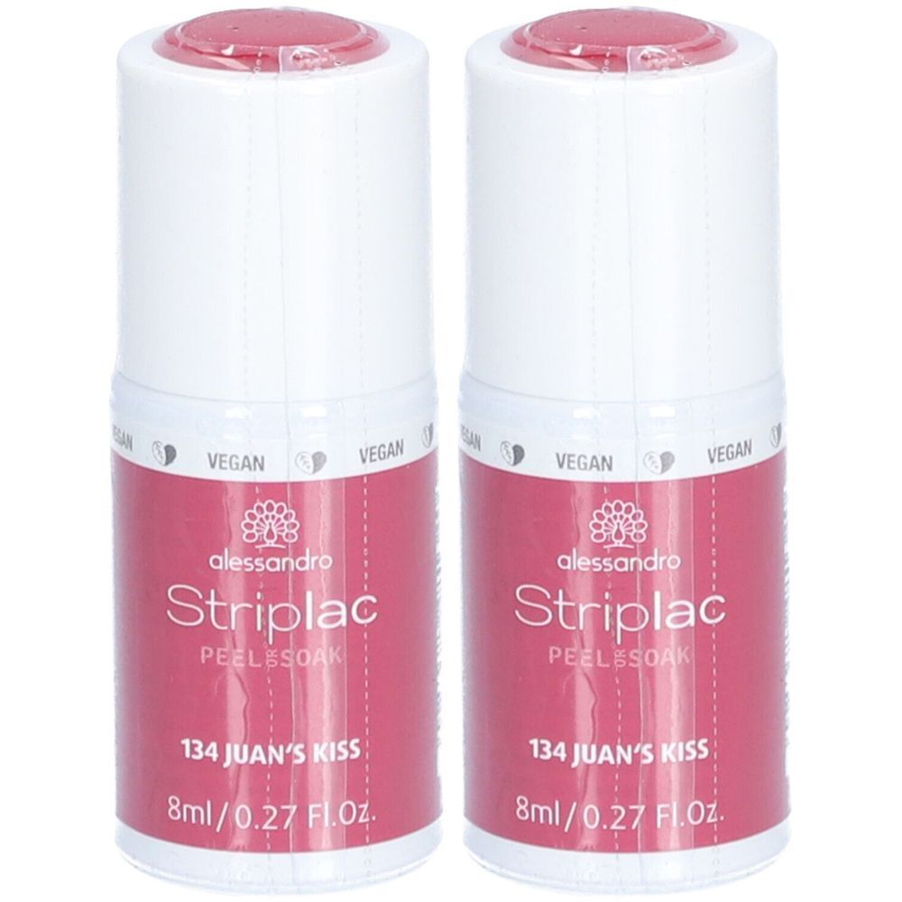 Zwei Flaschen alessandro Striplac Nagellack in Rosa. Aufschrift: 134 Juan's Kiss, 8ml/0.27 Fl.Oz. Mit Vegan-Siegel.