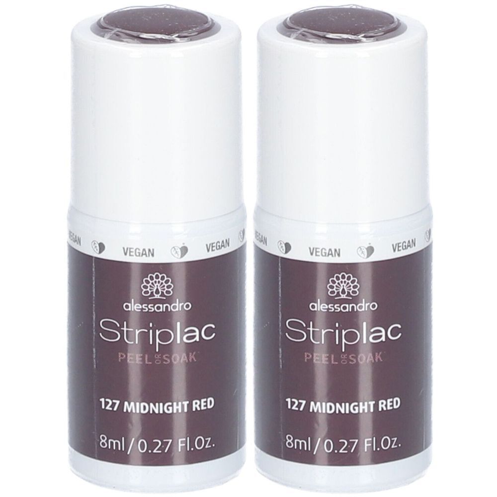 Zwei Flaschen alessandro Striplac Nagellack in Midnight Red. Aufschrift: 127 Midnight Red, 8ml/0.27 Fl.Oz. Vegan.