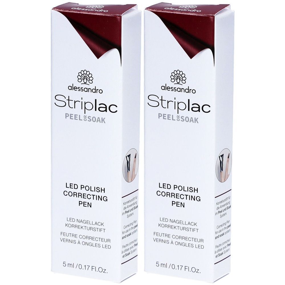 Zwei alessandro Striplac Korrekturstifte in weißer Verpackung. Aufschrift: LED Polish Correcting Pen, 5 ml.