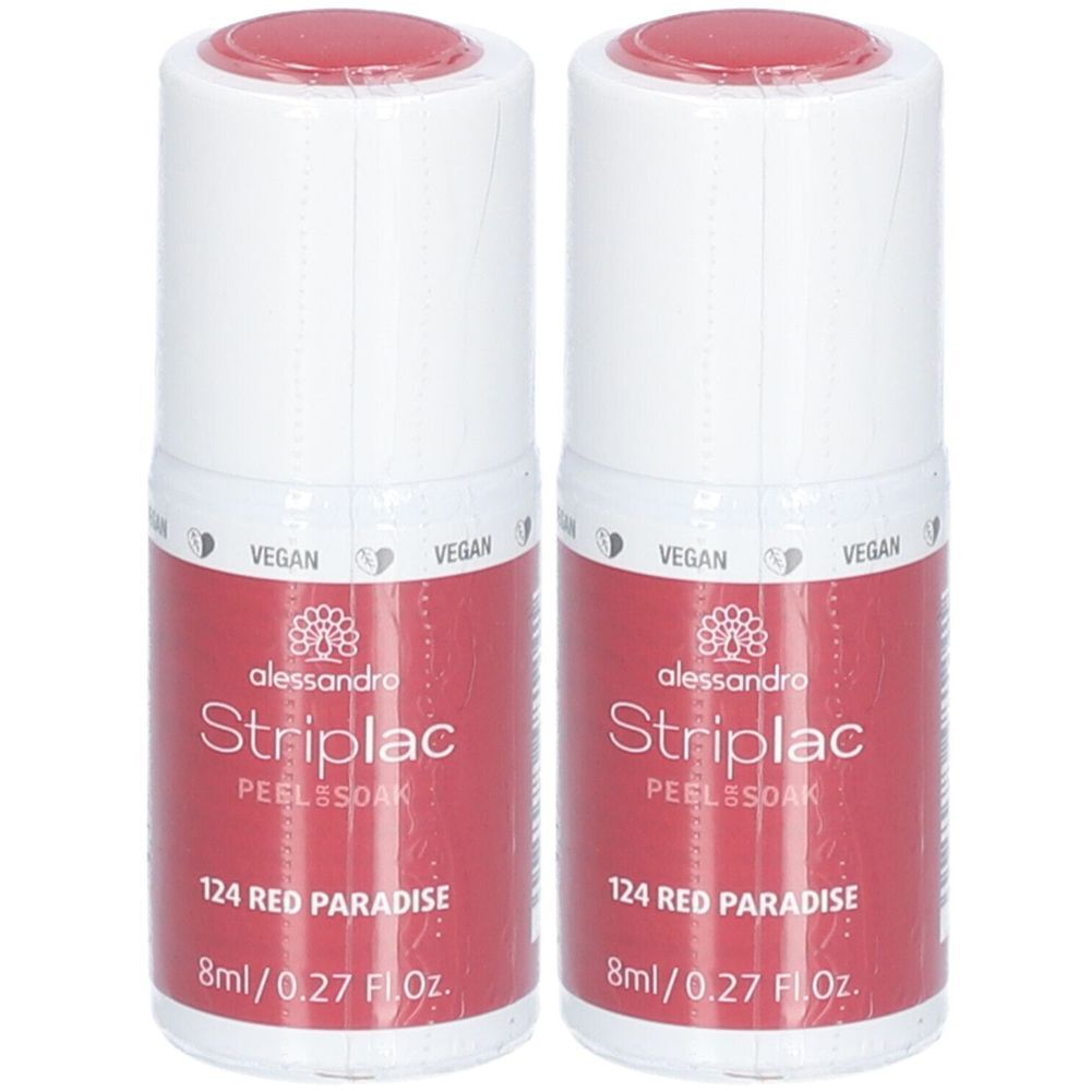Zwei Flaschen alessandro Striplac in Rot. Aufschrift: 124 Red Paradise, 8ml/0.27 Fl.Oz. Vegan-Siegel.