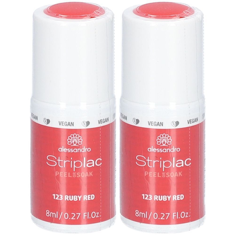 Deux flacons de vernis à ongles alessandro Striplac Ruby Red. Flacons rouges avec bouchon blanc. Inscription : Striplac, 123 Ruby Red, 8ml/0.27 Fl.Oz. Vegan.