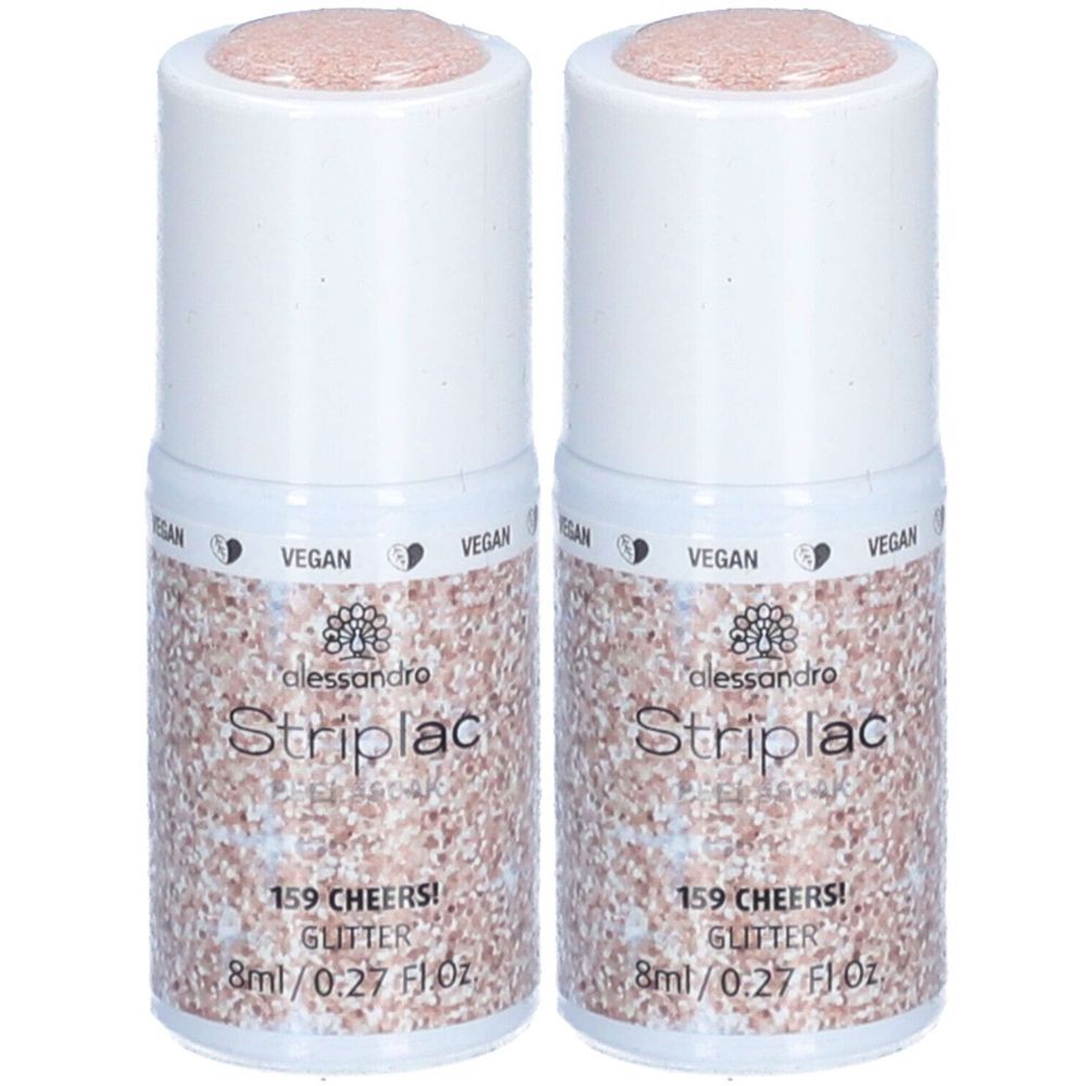 Zwei Flakons mit rosafarbenem Nagellack. Aufschrift: alessandro Striplac, 159 Cheers! Glitter, 8ml/0.27 Fl. Oz. Vegan-Siegel.
