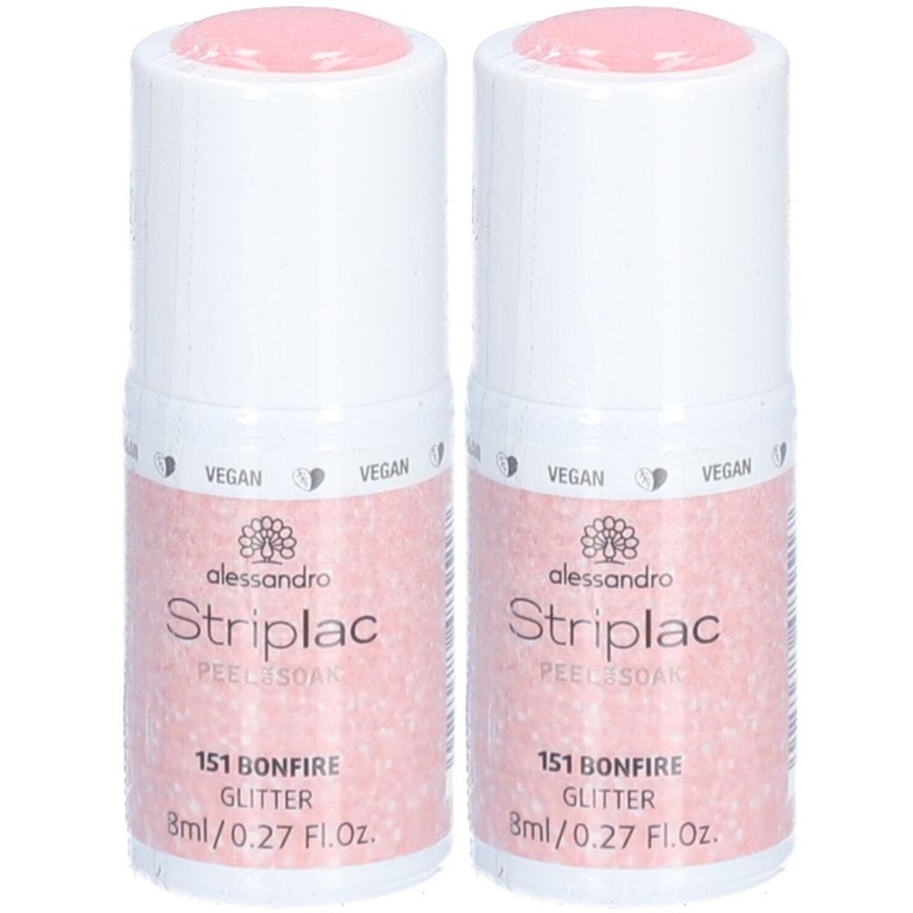 Zwei Flaschen Nagellack. Weißer Deckel, rosa Inhalt. Aufschrift: alessandro Striplac, 151 Bonfire Glitter, Vegan.