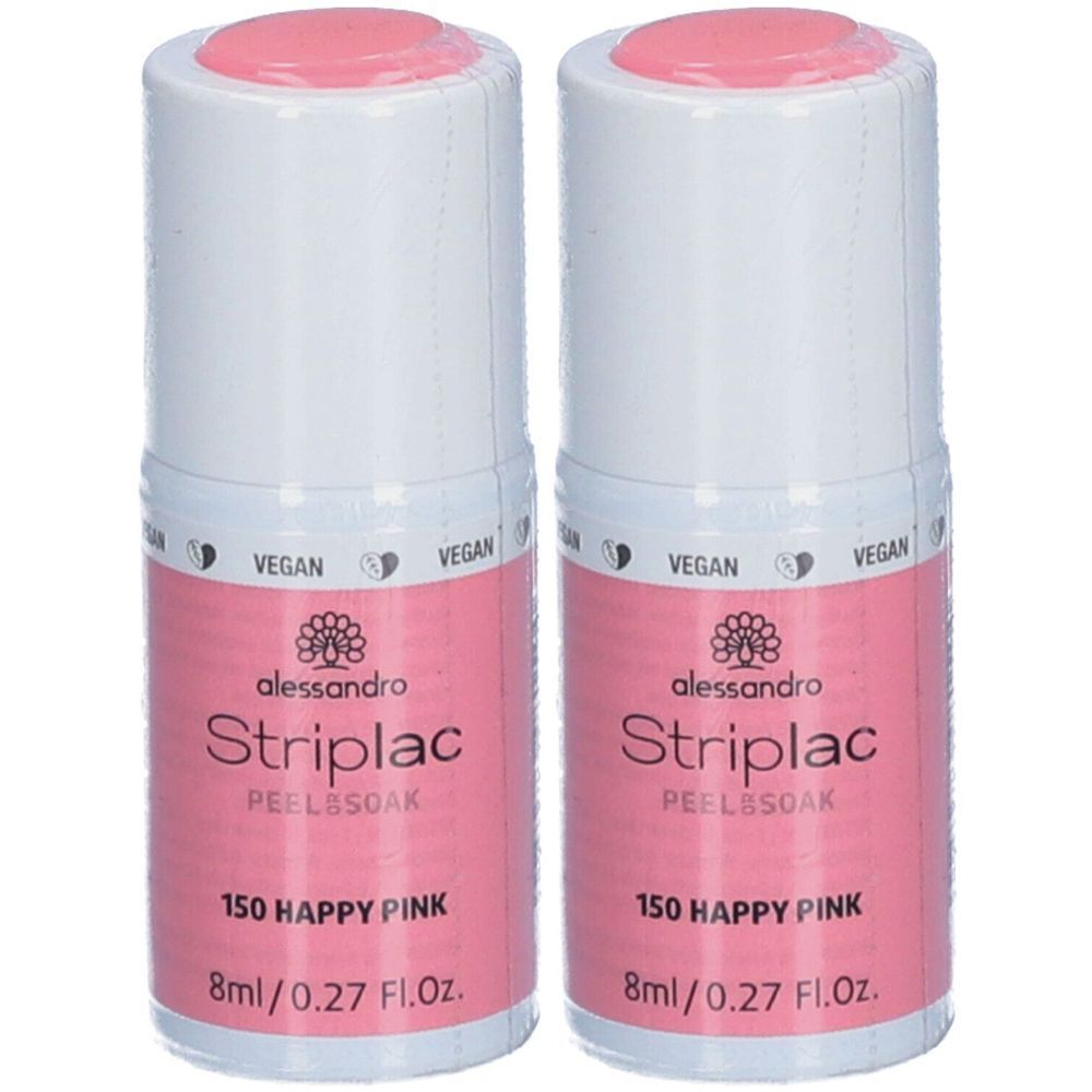 Zwei Flaschen alessandro Striplac Happy Pink. Rosa Nagellack in zylindrischen Flaschen mit weißem Deckel. Aufschrift: 150 HAPPY PINK, 8ml/0.27 Fl.Oz.