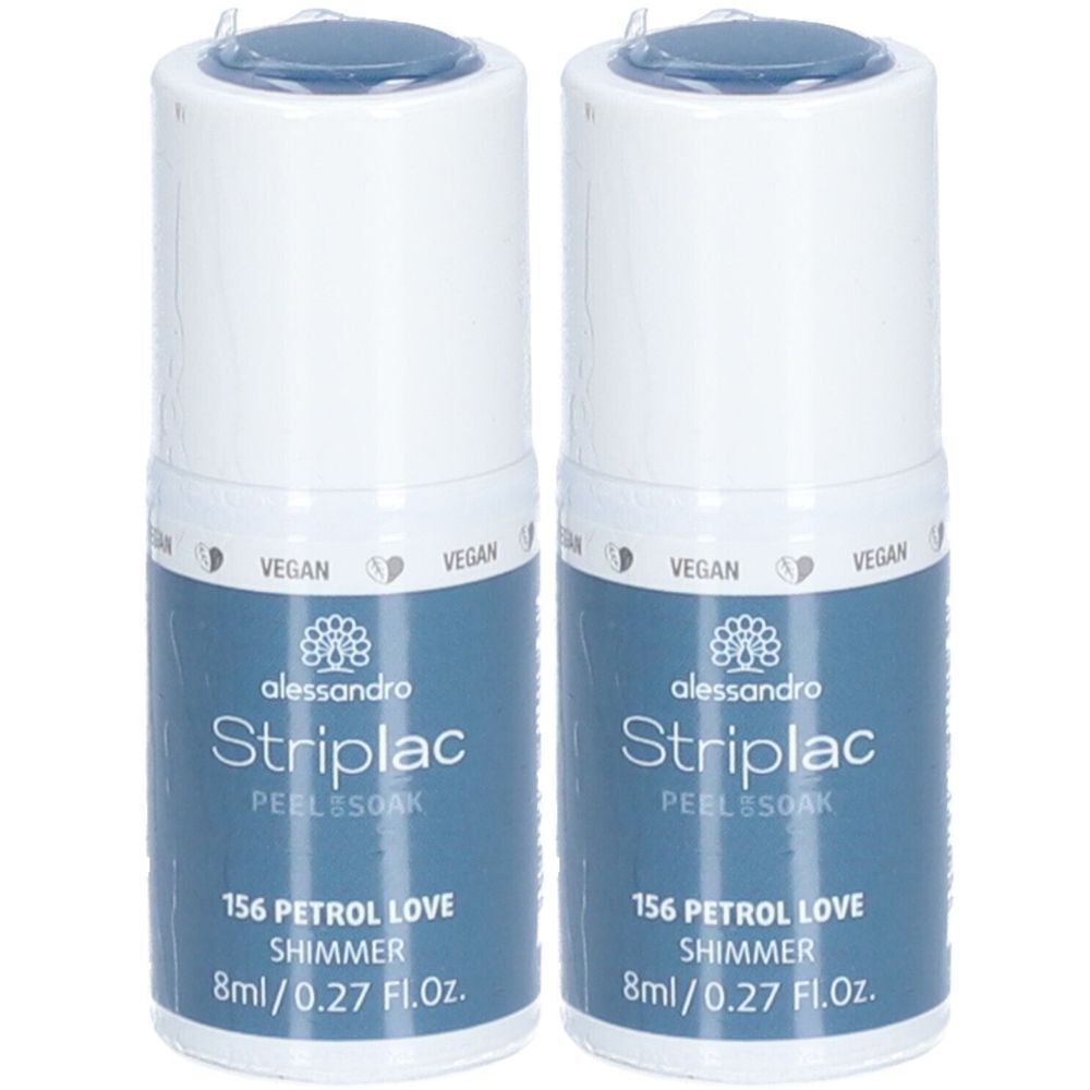 Zwei Flaschen alessandro Striplac in Petrol Love. Aufschrift: 156 Petrol Love Shimmer, 8ml/0.27 Fl.Oz. Mit Vegan-Siegel.