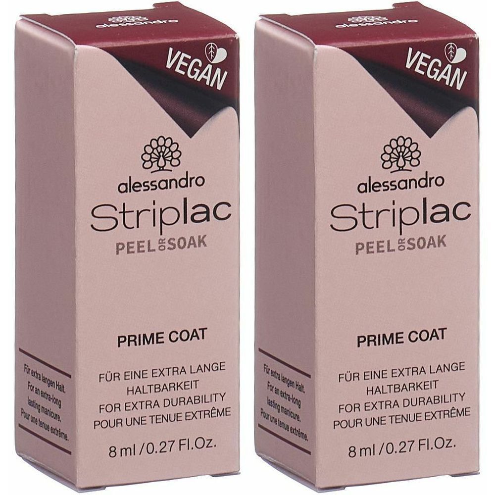 Deux boîtes de alessandro Striplac Prime Coat. Inscription : Vegan. Pour une tenue extrême. 8 ml.