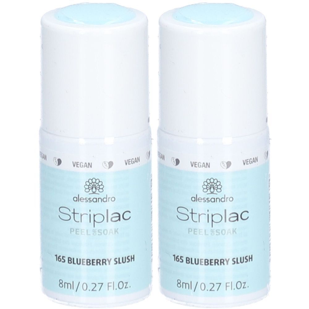 Zwei Flaschen alessandro Striplac in Blau. Aufschrift: 165 Blueberry Slush, 8ml/0.27 Fl.Oz. Mit Vegan-Siegel.