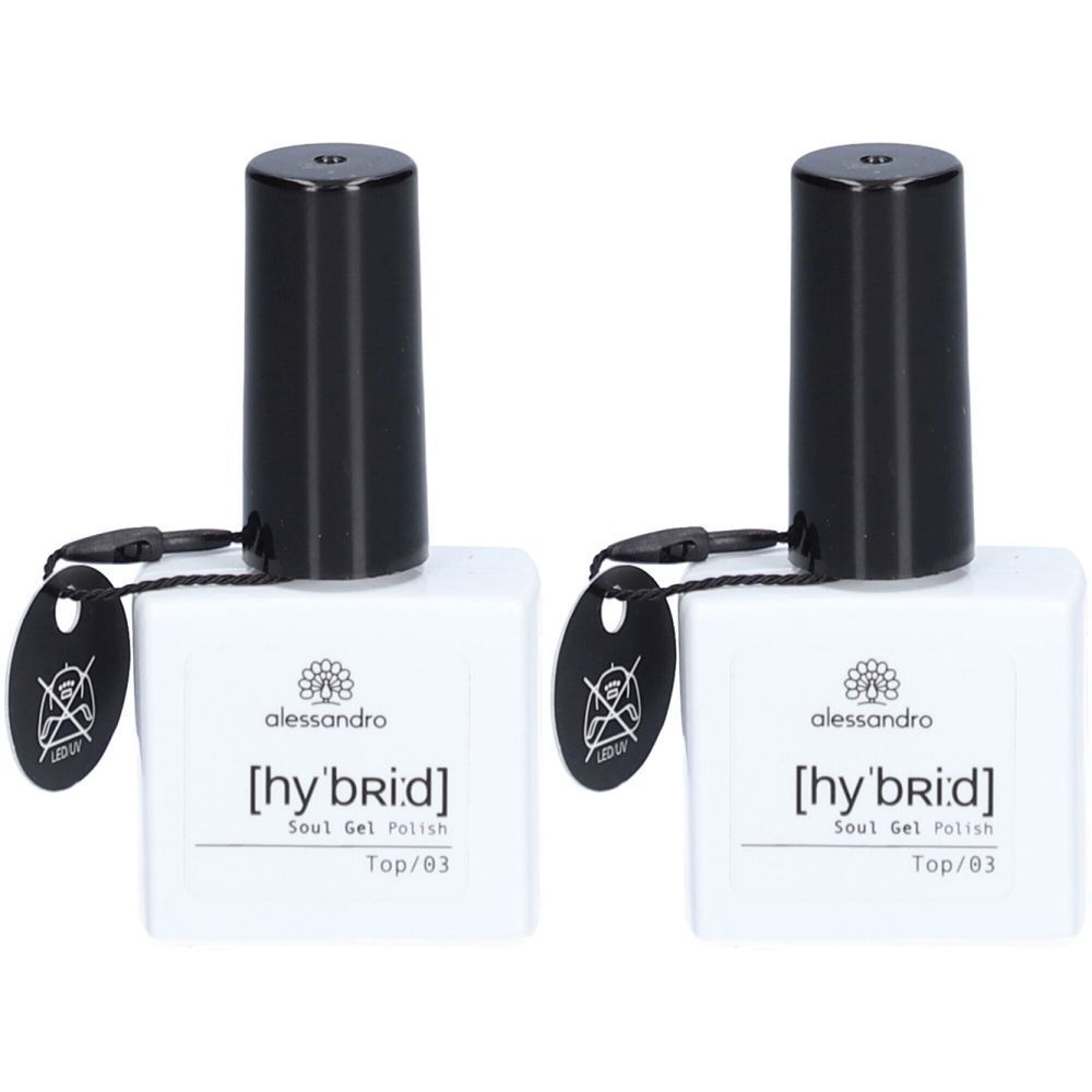 Zwei Flaschen alessandro [hy'br:id] Soul Gel Polish Top/03. Weiße quadratische Flaschen mit schwarzem Deckel und Anhänger.