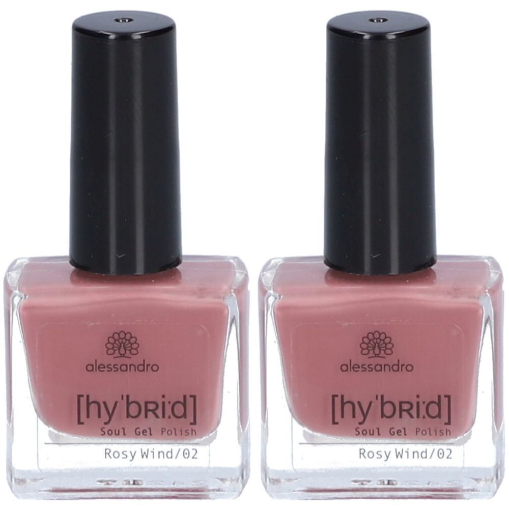 Twee roze nagellakflacons met zwarte doppen. Opschrift: alessandro, [hy'brid], Rosy Wind/02.