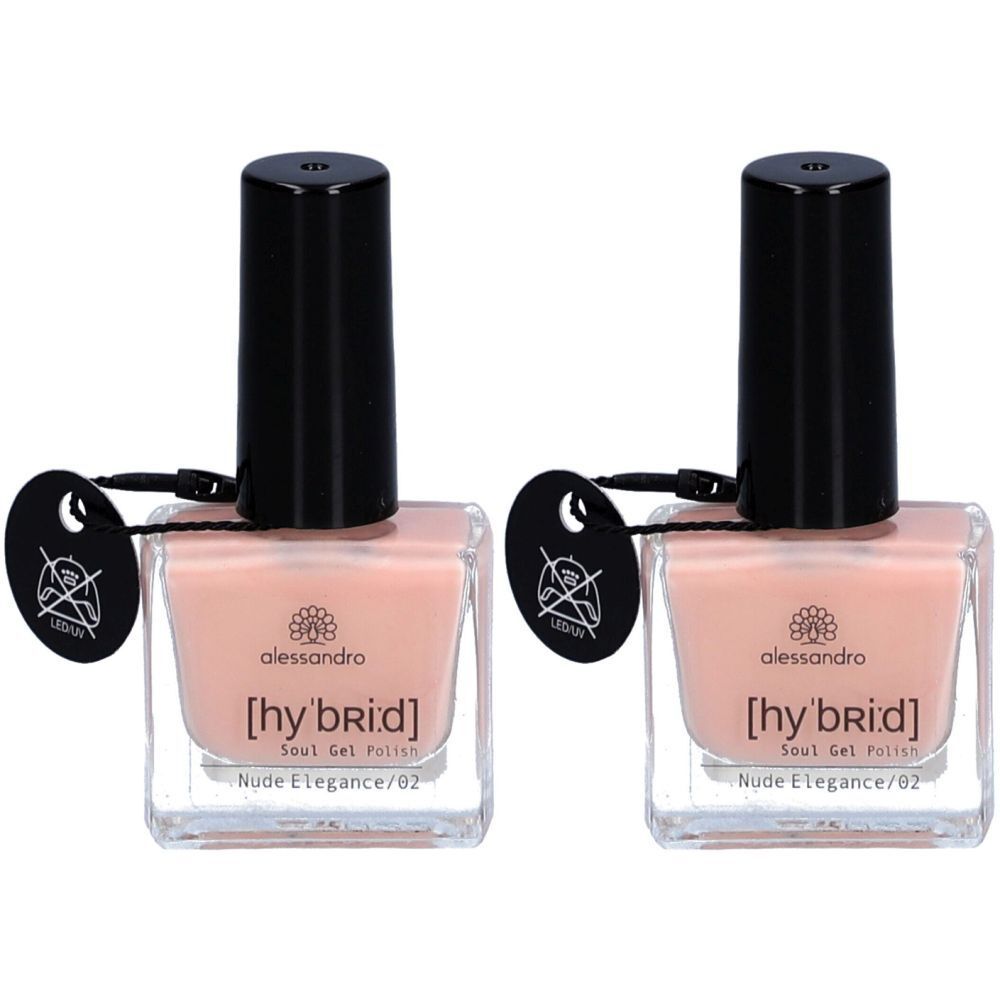 Zwei Flaschen Nagellack, quadratisch, nude-farben, mit schwarzem Deckel. Aufschrift: alessandro [hybrid] Soul Gel Polish Nude Elegance/02.