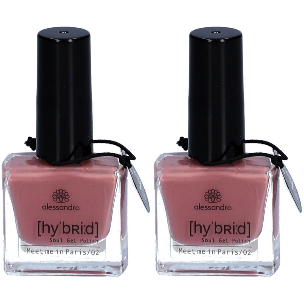 Zwei Flakons alessandro [hybrid] Soul Gel Polish, rosa. Schwarzer Deckel, transparente quadratische Flasche. Aufschrift: Meet me in Paris/02.