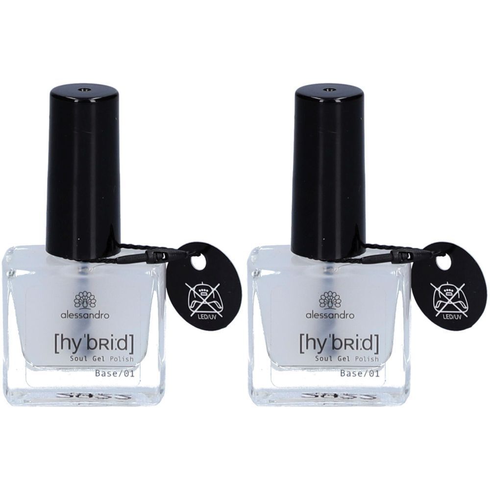 Deux flacons de vernis à ongles avec bouchon noir et étiquette. L'étiquette indique "alessandro [hybrid] Soul Gel Polish Base/01".