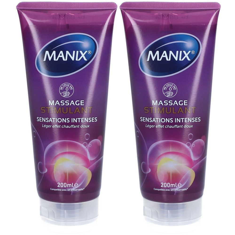 Deux tubes de gel de massage. Tubes violets avec bouchon blanc. Inscription: MANIX, Massage Stimulant, Sensations Intenses, 200ml.