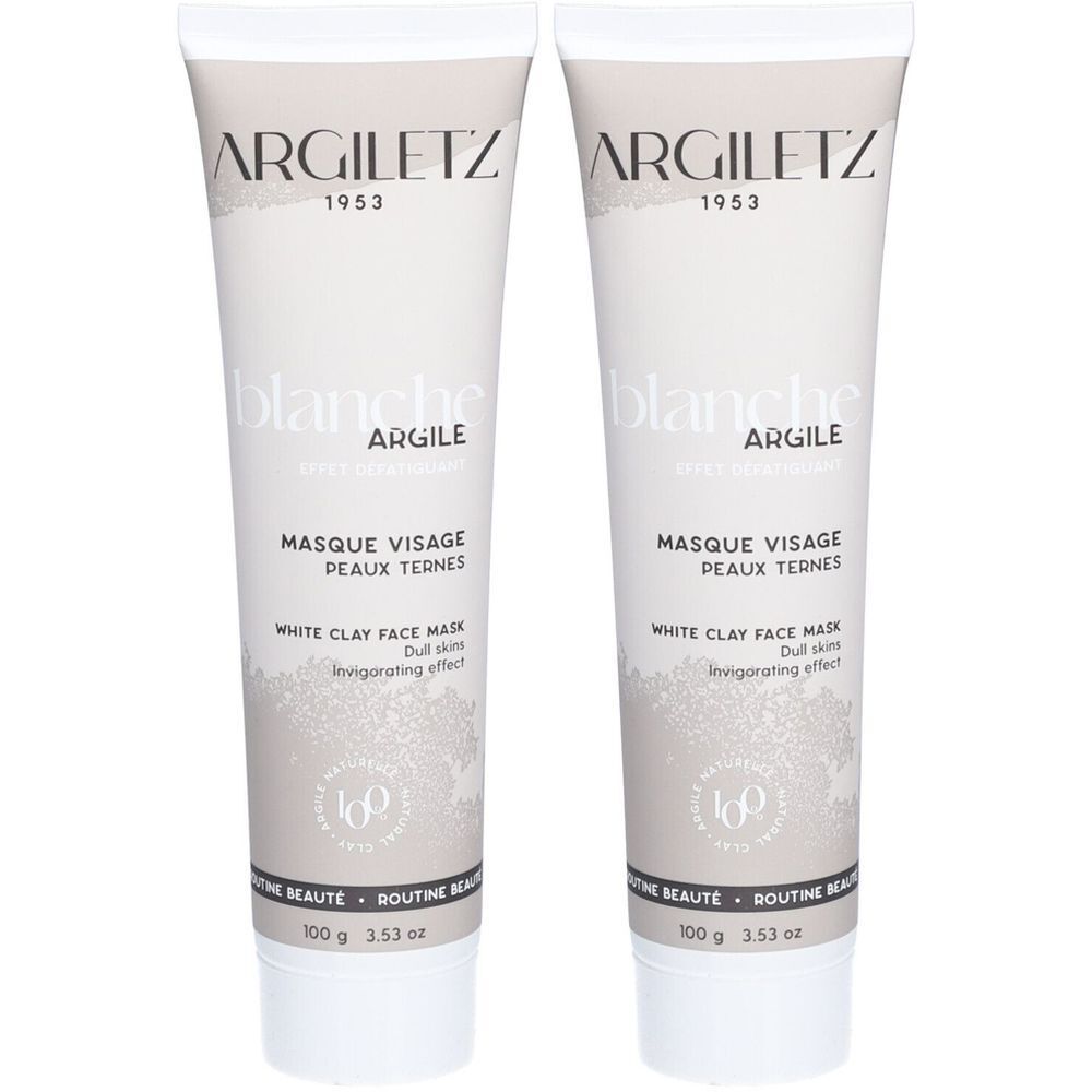 Zwei Tuben ARGILETZ Gesichtsmaske. Weiße Tuben mit Produktbezeichnungen in Französisch und Englisch. 100g.