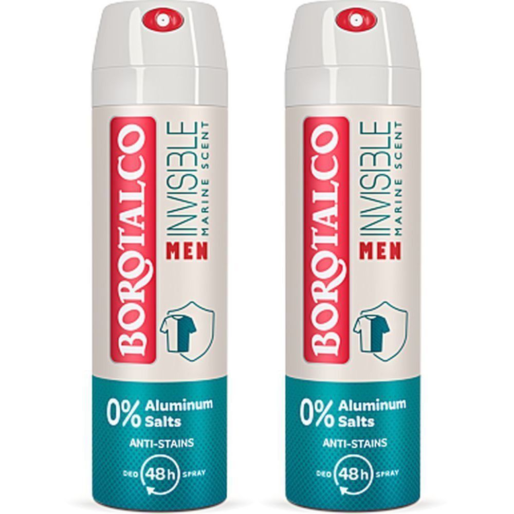 Deux sprays déodorants BOROTALCO Men Invisible. Emballage blanc, rouge et bleu. Texte : 0% sels d'aluminium, anti-taches, 48h.