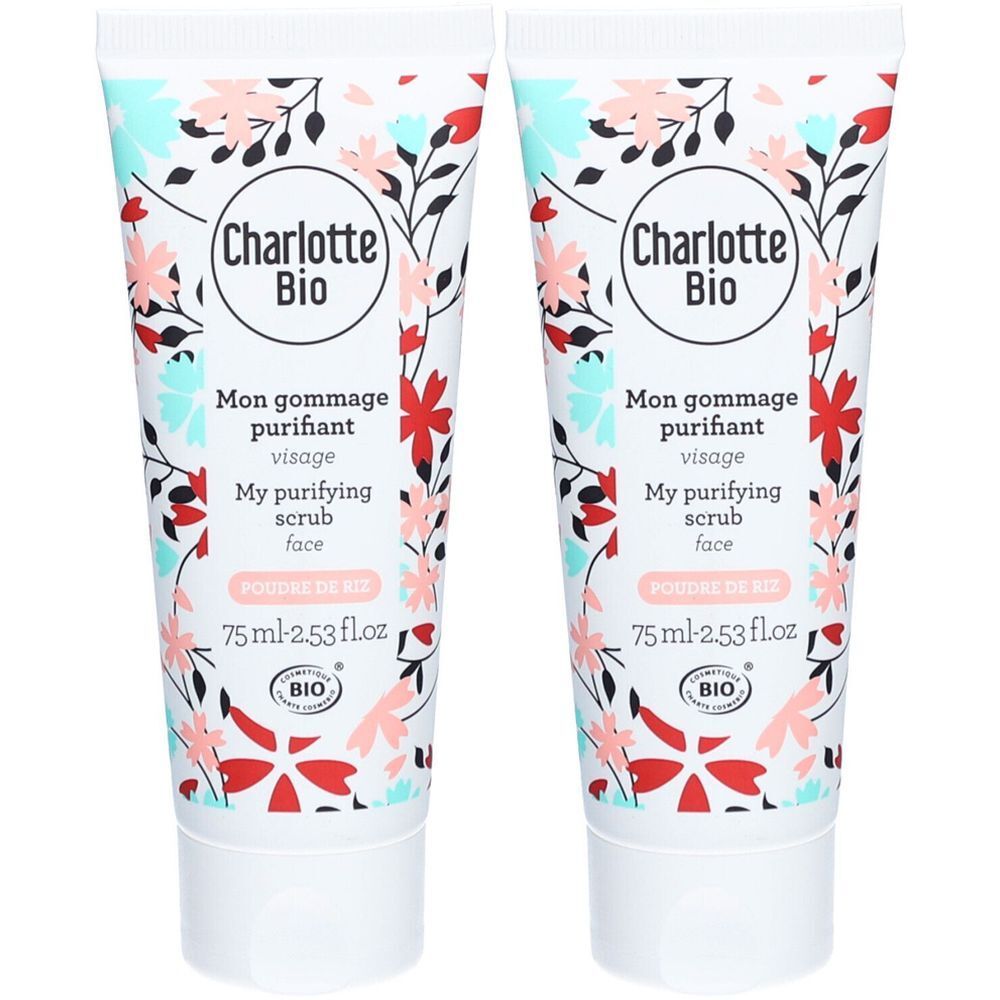 Zwei Tuben Gesichtspeeling. Weiße Tuben mit floralem Muster und Text. Marke: Charlotte Bio. BIO-Zertifizierung.