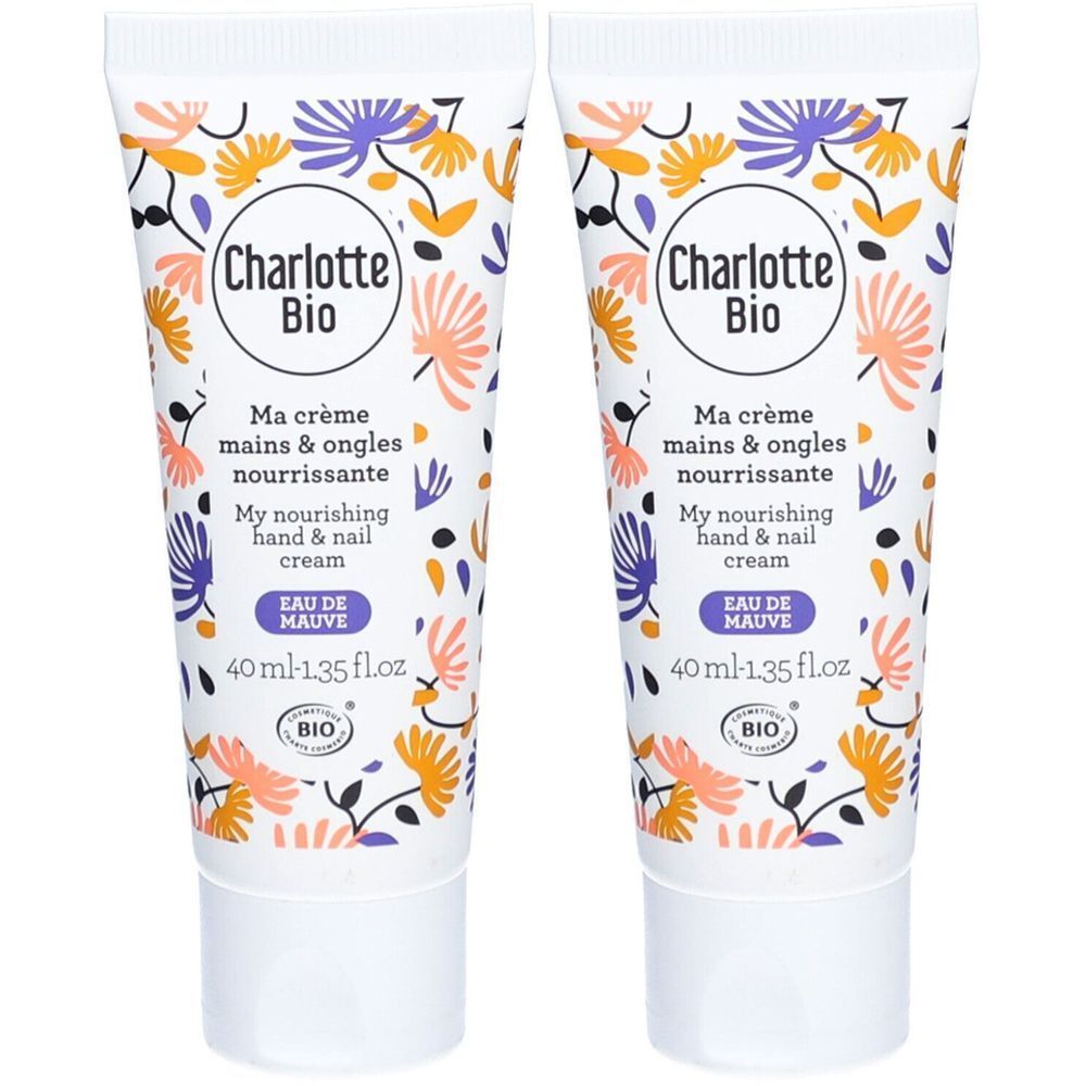 Deux tubes de crème pour les mains. Inscription: Charlotte Bio, Ma crème mains & ongles nourrissante, 40 ml. Motif floral et label bio.