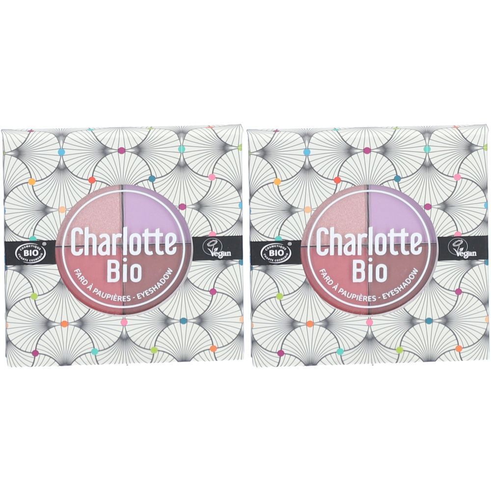 Zwei Charlotte Bio Lidschatten-Paletten. Runde Verpackung mit Logo und Farbtönen. BIO- und Vegan-Siegel.