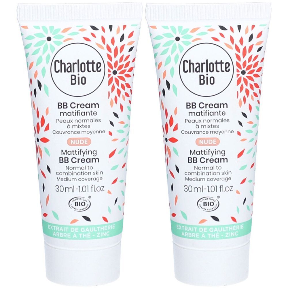Zwei Tuben BB Cream. Aufschrift: Charlotte Bio, BB Cream matifiante, Nude, 30ml. Bio-Zertifizierung.