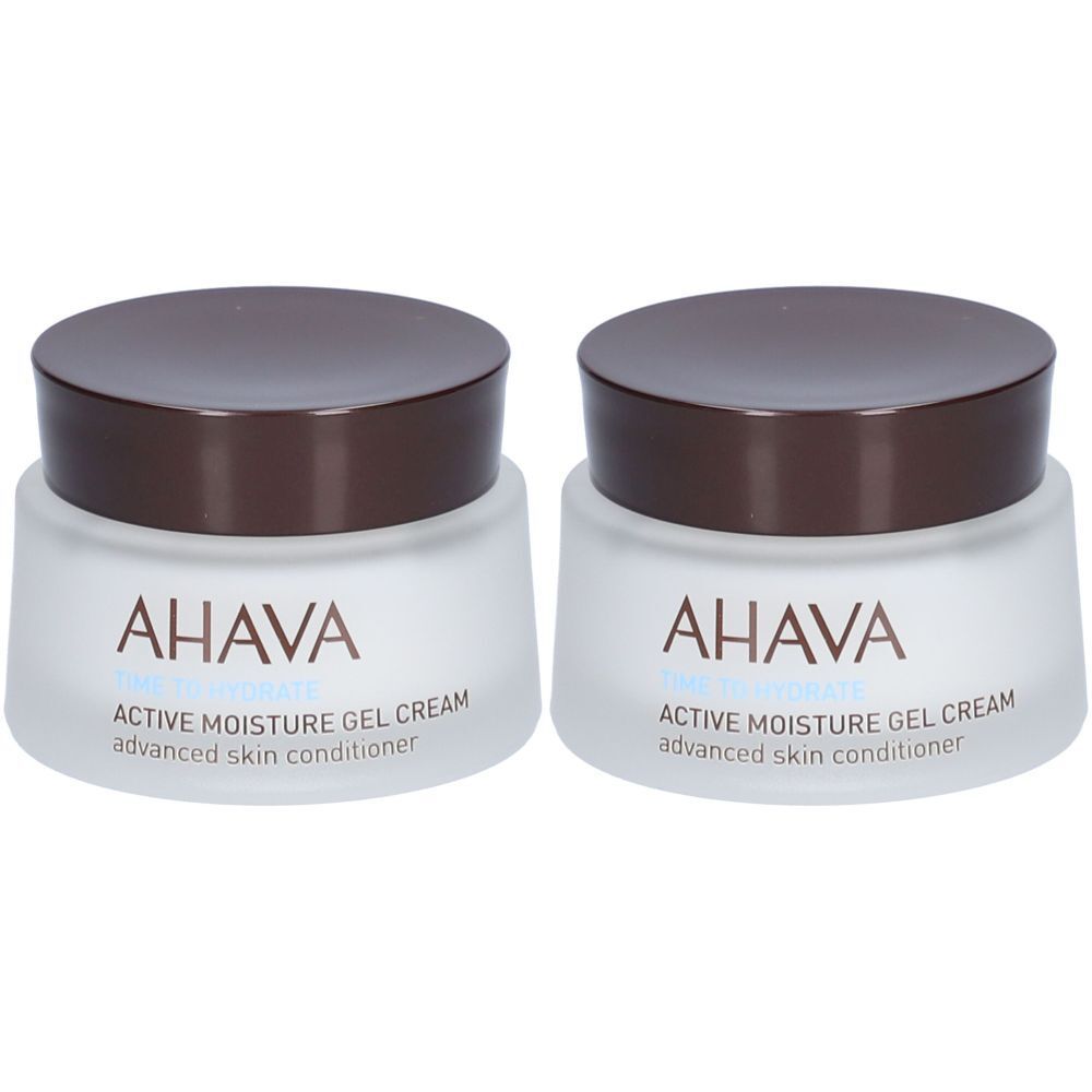 Deux pots avec couvercles bruns. On lit AHAVA et ACTIVE MOISTURE GEL CREAM sur les pots.