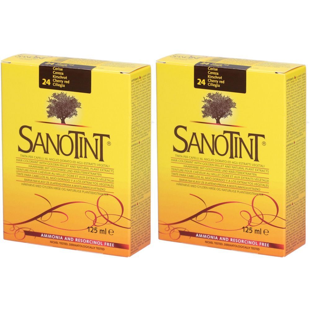 Zwei gelbe Kartons mit SANOTINT-Logo und Text. Aufschrift: 24 Kirsche. Enthält 125 ml. Frei von Ammoniak und Resorcin.