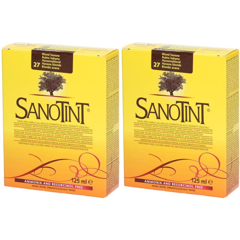 Zwei gelbe Kartons SANOTINT Haarfarbe. Aufschrift: Havanna-Blond, 125 ml. Frei von Ammoniak und Resorcin.