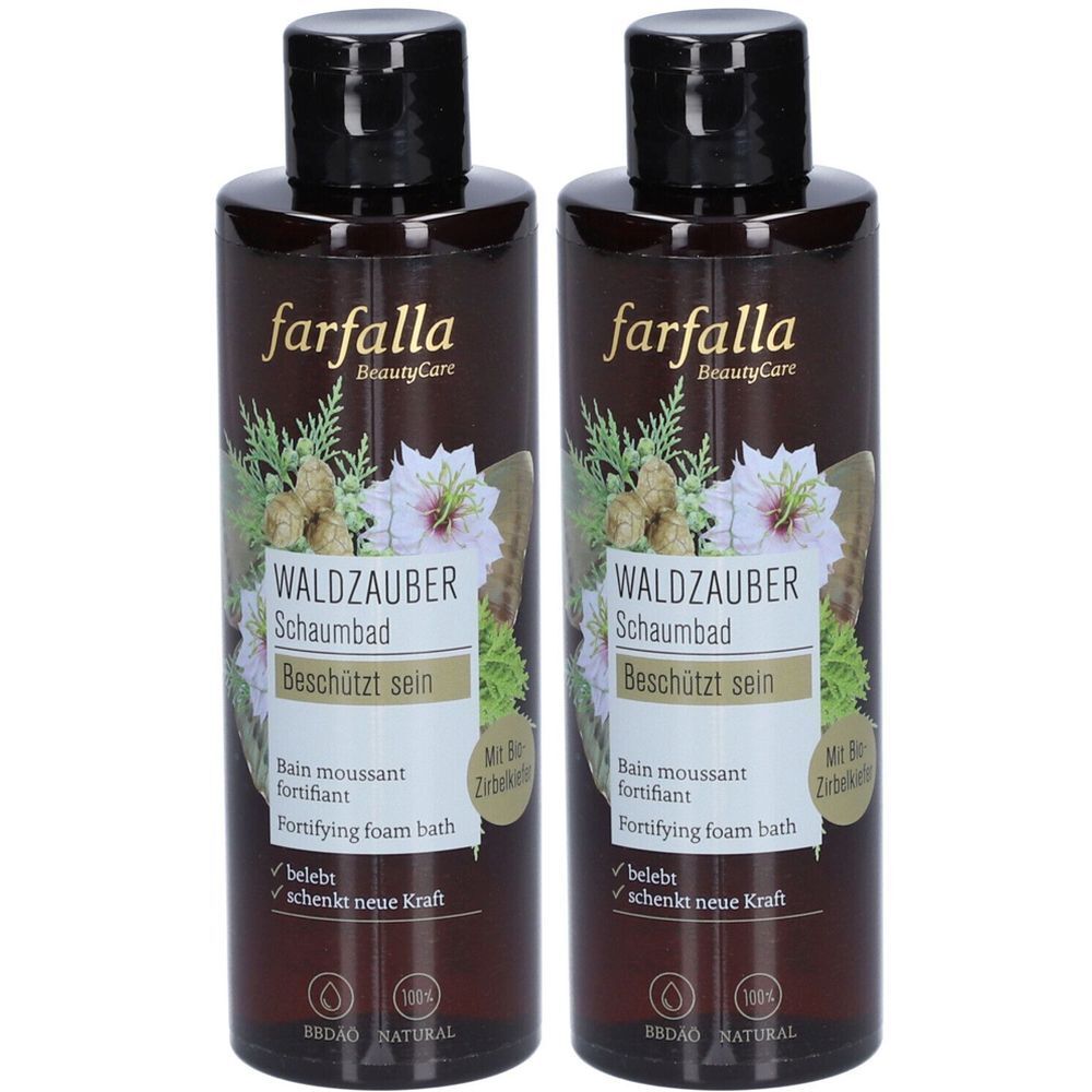 Deux flacons marron avec bouchons noirs. Inscription : farfalla, WALDZAUBER Schaumbad, Bain moussant fortifiant. Motif floral.