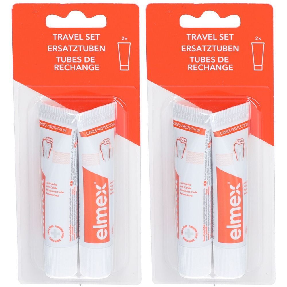 Deux paquets de deux tubes de recharge dans un emballage orange. Inscription : TRAVEL SET, elmex.