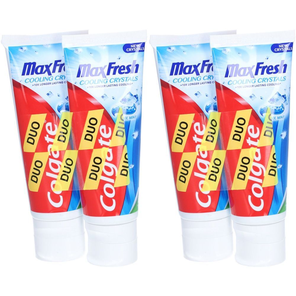 Vier Tuben Zahnpasta Colgate Max Fresh. Rote und blaue Verpackung mit weißem Verschluss. Aufschrift: Duo.