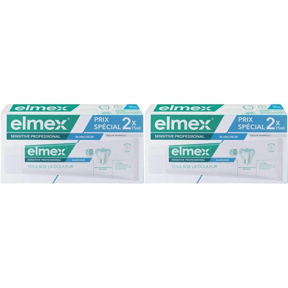 Zwei Packungen Zahnpasta. Weiße Verpackung mit grünem und blauem Schriftzug. "elmex" und "Sensitive Professional" sind sichtbar.