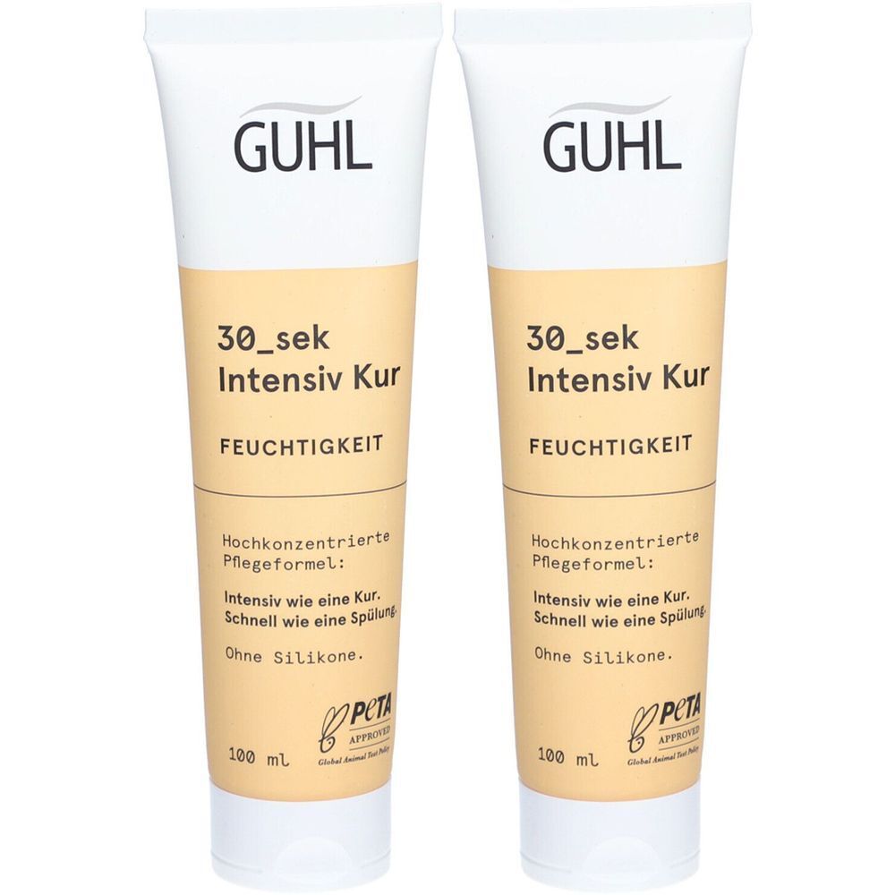 Deux tubes de GUHL Kur Intensiv. Inscription : 30_sek Intensiv Kur, Hydratation. Logo PETA. 100 ml.