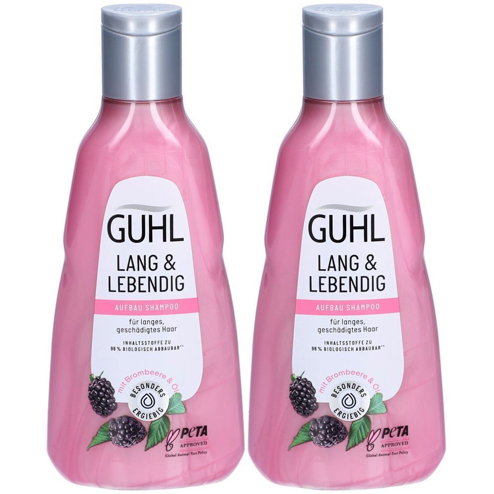 Zwei rosa Shampoo-Flaschen. Aufschrift: GUHL LANG & LEBENDIG, Aufbau Shampoo. Mit Brombeere & Co. PETA-Logo.