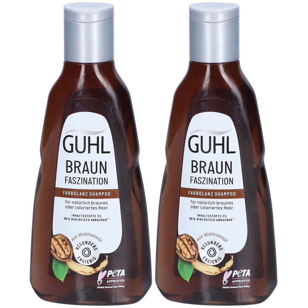 Zwei braune Shampoo-Flaschen mit silbernen Deckeln. Aufschrift: GUHL BRAUN FASZINATION. PETA-Logo.
