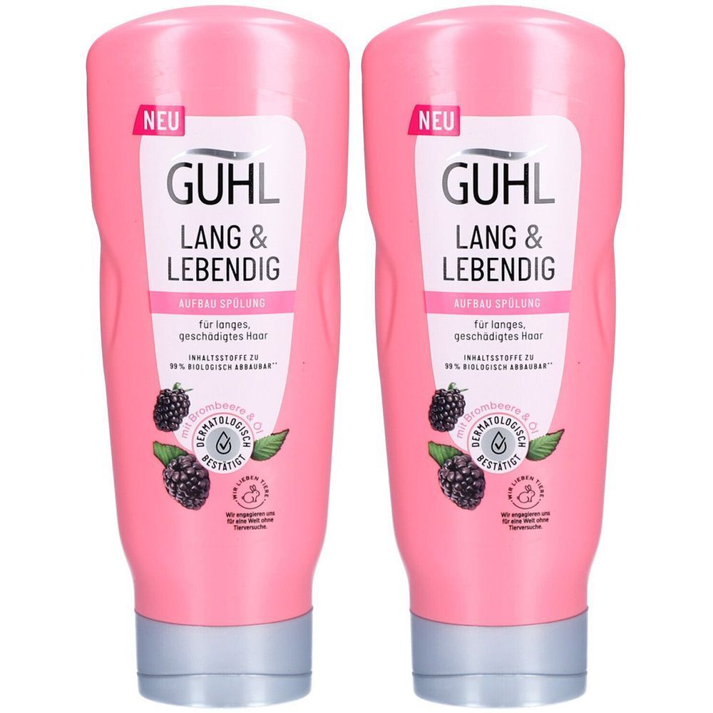 Deux flacons roses. Inscription GUHL LANG & LEBENDIG. Après-shampooing pour cheveux longs et abîmés. Avec mûre et huile. Testé dermatologiquement.