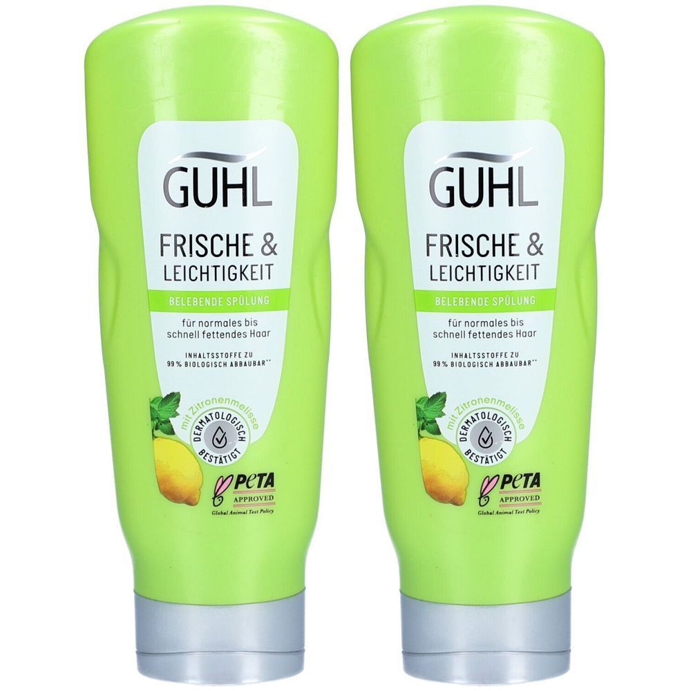 Deux flacons verts de revitalisant GUHL. Inscription : Frische & Leichtigkeit. Logo citron et label PETA.