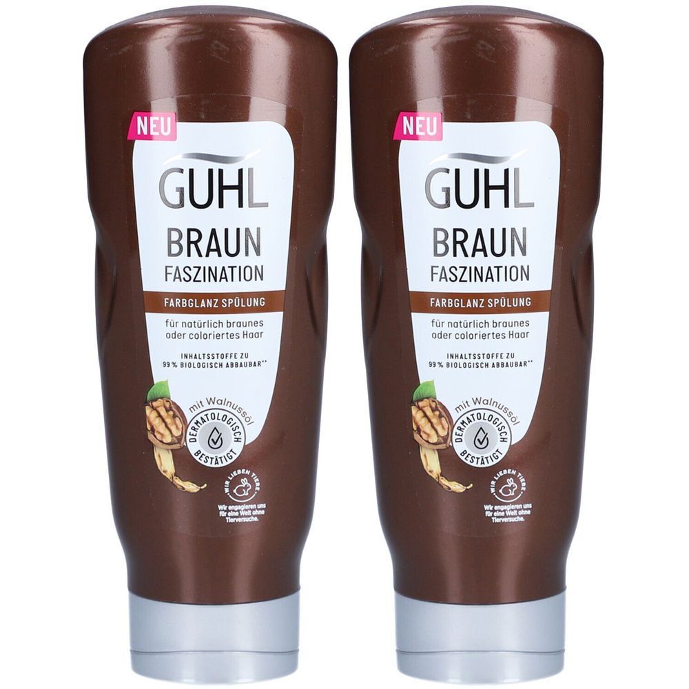 Zwei braune GUHL-Conditioner-Flaschen. Aufschrift: BRAUN FASZINATION, Farbglanz Spülung. Mit Walnussextrakt. Dermatologisch getestet.