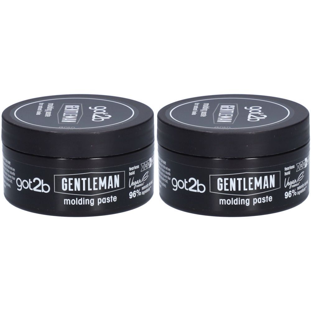 Twee zwarte potten met deksels. Opschrift: got2b GENTLEMAN molding paste. Vegan-zegel.