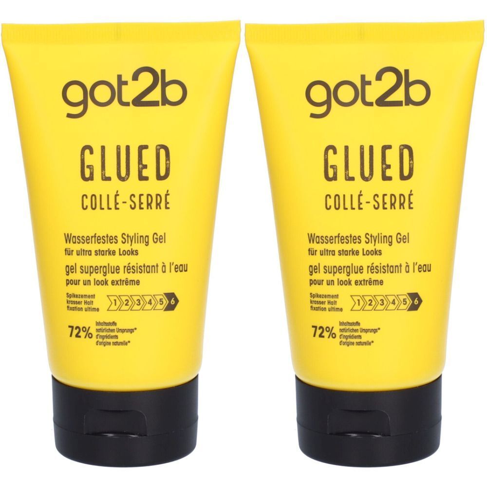 Zwei gelbe Tuben mit schwarzem Verschluss. Aufschrift: got2b GLUED COLLÉ-SERRÉ, Wasserfestes Styling Gel. 72%.