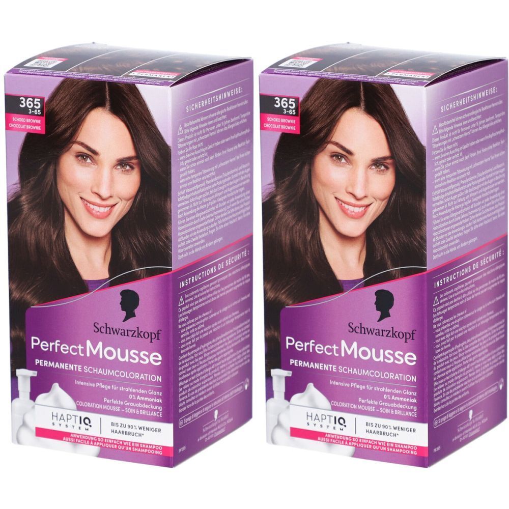Deux boîtes de Schwarzkopf Perfect Mousse. Sur chaque boîte, une femme aux cheveux bruns. Texte : 365, Perfect Mousse.