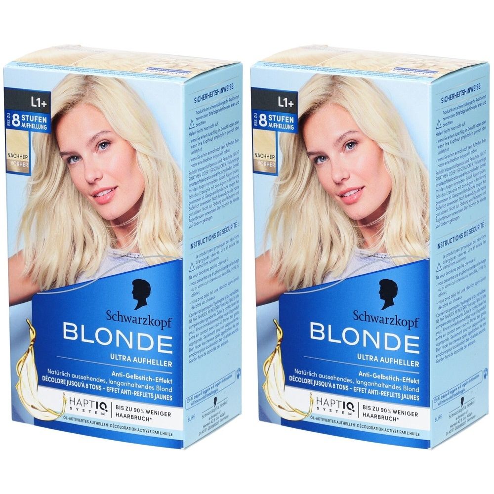 Zwei Packungen Schwarzkopf Blonde Ultra Aufheller. Auf den Packungen ist eine Frau mit blonden Haaren abgebildet. Text: L1+, 8 Stufen.