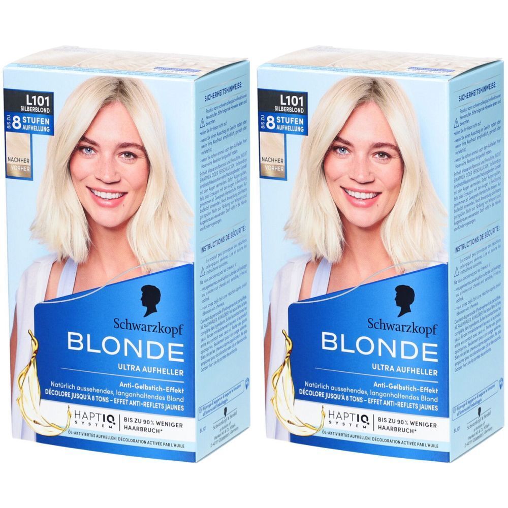 Zwei Packungen Schwarzkopf Blonde L101 Silberblond. Auf der Verpackung ist eine Frau mit blonden Haaren abgebildet.