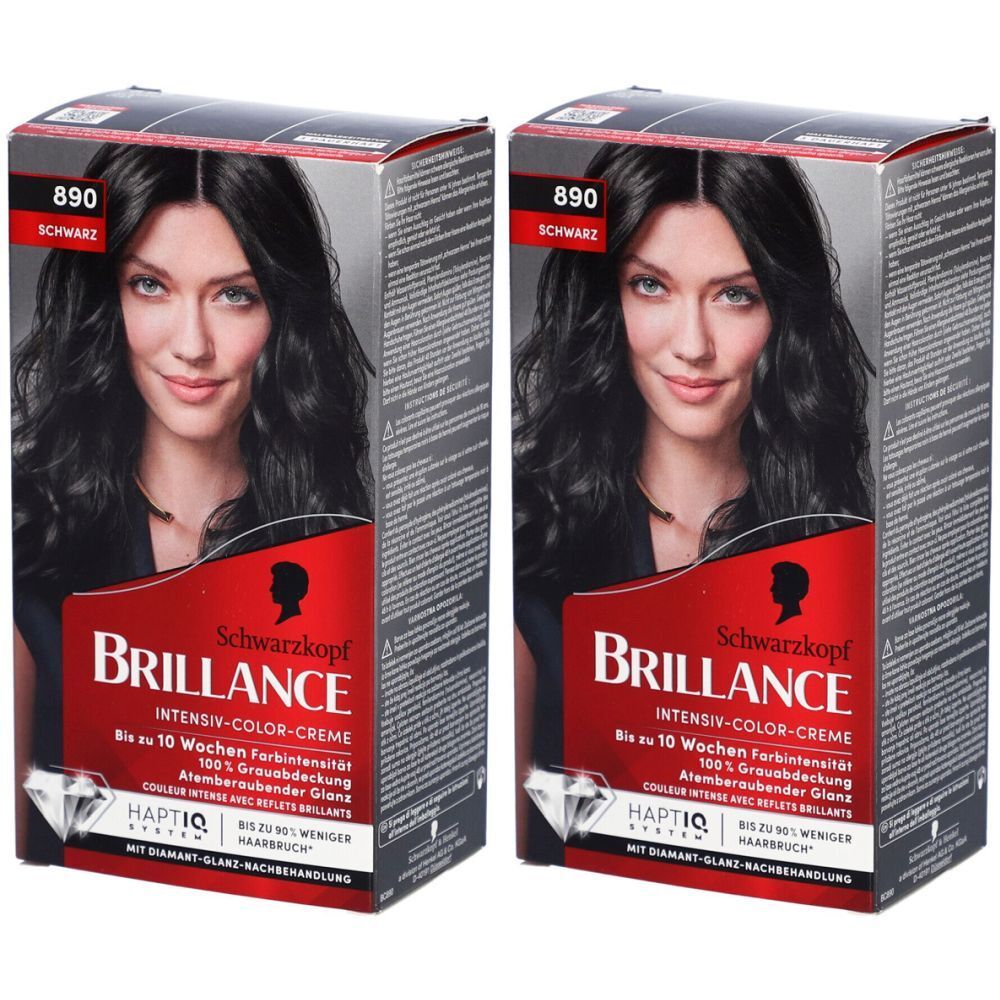 Deux boîtes de coloration capillaire. Une femme aux cheveux noirs est représentée. Schwarzkopf Brillance, 890 noir intense.