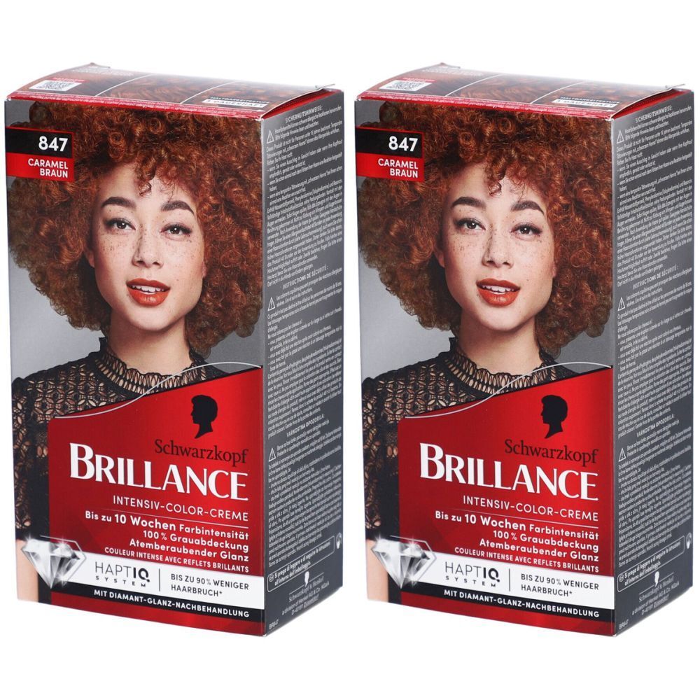 Deux boîtes de coloration capillaire. Marque Schwarzkopf Brillance, nuance 847 Caramel Braun. Image d'une femme aux cheveux bouclés.